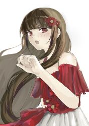 Rule 34 | 1girl, :o, arm at side, bare arms, bare shoulders, blunt bangs, blush, brown eyes, brown hair, collarbone, commentary request, danganronpa (series), danganronpa 10th anniversary costume, danganronpa v3: killing harmony, dress, flower, from side, hair flower, hair ornament, hand up, harukawa maki, highres, long arms, long hair, looking at viewer, mole, mole under eye, off-shoulder shirt, off shoulder, official alternate costume, open mouth, red dress, red eyes, red flower, red shirt, rorishin, shirt, short sleeves, simple background, solo, twintails, upper body, very long hair, white background