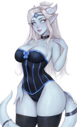 Rule 34 | 1girl, absurdres, bare shoulders, black choker, black corset, black panties, black thighhighs, blonde hair, blue bow, blue sclera, blue skin, blush, bow, breasts, choker, circlet, cleavage, colored sclera, colored skin, corset, draenei, dragon horns, highres, horns, kayav, large breasts, long hair, panties, pointy ears, simple background, solo, standing, straight hair, strapless, tail, thighhighs, underwear, warcraft, white background, white eyes, world of warcraft