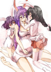 Rule 34 | 3girls, age difference, alternate hair length, alternate hairstyle, animal ears, barefoot, bespectacled, black hair, blush, braid, breasts, child, closed eyes, couple, feet, french braid, girl sandwich, glasses, gradient background, hand on another&#039;s face, happy, if they mated, inaba tewi, large breasts, long hair, mother and daughter, multiple girls, onee-loli, open mouth, pregnant, purple hair, rabbit ears, rabbit tail, red eyes, reisen udongein inaba, sandwiched, short hair, skirt, smile, socks, soles, tail, thighhighs, toes, touhou, white legwear, yohane, yuri