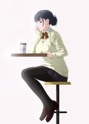 Rule 34 | 1girl, absurdres, black hair, black pantyhose, black skirt, bow, bowtie, chair, coffee cup, cup, disposable cup, hair bun, hand on own cheek, hand on own face, highres, kakitama, original, pantyhose, school uniform, shirt, shoes, simple background, sitting, skirt, smile, table, white background, white shirt
