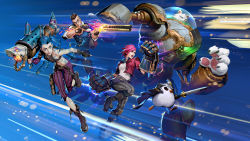 Rule 34 | 2boys, 2girls, absurdres, aiming, annoyed, arcane: league of legends, arcane jinx, arcane vi, arm tattoo, bare shoulders, black-framed eyewear, black footwear, black gloves, black pants, blouse, blue background, brown pants, closed mouth, cloud tattoo, commentary, cropped jacket, english commentary, fingerless gloves, frown, gauntlets, glasses, gloves, green hair, grey shirt, gun, highres, holding, holding gun, holding sword, holding weapon, incredibly absurdres, jacket, jinx (league of legends), league of legends, legends of runeterra, little legend, long sleeves, lucian (league of legends), mecha, multiple boys, multiple girls, navel, open clothes, open jacket, open mouth, over shoulder, pants, pink hair, pink pants, red jacket, rifle, robot, rocket launcher, rumble (league of legends), shirt, shoes, short hair, shoulder tattoo, smile, snatti, stomach tattoo, striped clothes, striped pants, sword, tattoo, teamfight tactics, undercut, vi (league of legends), weapon, weapon over shoulder