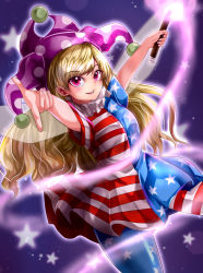 Rule 34 | 1girl, absurdres, american flag dress, american flag legwear, blonde hair, clownpiece, commentary request, cowboy shot, eyebrows hidden by hair, hat, highres, holding, holding torch, jester cap, looking at viewer, mahoro (minase mahoro), nail polish, neck ruff, open mouth, outstretched arms, pantyhose, pink eyes, pink nails, polka dot headwear, purple hat, solo, teeth, torch, touhou, upper teeth only