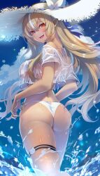 Rule 34 | 1girl, ass, bikini, blonde hair, blue sky, blush, breasts, cloud, commentary request, crop top, dark-skinned female, dark elf, dark skin, day, elf, floating hair, flower, from behind, hair between eyes, halterneck, hat, hat flower, highres, hololive, large breasts, lens flare, long hair, looking at viewer, looking back, multicolored hair, o-ring, o-ring bikini, omoti (1201208), open mouth, outdoors, pointy ears, red eyes, see-through, see-through shirt, shiranui flare, shirt, short sleeves, skindentation, sky, smile, solo, straw hat, streaked hair, swimsuit, teeth, thigh strap, upper teeth only, very long hair, virtual youtuber, water, wet, wet clothes, wet shirt, white bikini, white flower, white hair