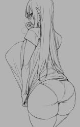 Rule 34 | 1girl, ass, breasts, clothes pull, commentary, from behind, greyscale, large breasts, leggings, long hair, monochrome, obmas, original, panties, shirt, shirt pull, sketch, solo, thighhighs, thighs, underwear