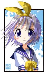 Rule 34 | 00s, 1girl, blue eyes, hair ribbon, hiiragi tsukasa, lucky star, purple hair, ribbon, rindou (awoshakushi), school uniform, serafuku, short hair, solo