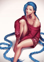 Rule 34 | 1girl, absurdly long hair, bare shoulders, barefoot, blue hair, braid, christmas, flat chest, highres, jinx (league of legends), league of legends, legs, long hair, looking at viewer, naked sweater, off-shoulder shirt, off shoulder, oopartz yang, pink eyes, revision, shirt, smile, solo, sweater, thighs, twin braids, very long hair