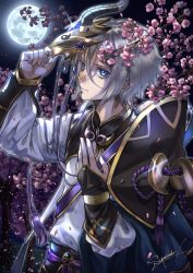 Rule 34 | 1boy, :|, absurdres, akiwashi, bishounen, blue eyes, blue gemstone, cherry blossoms, chinese clothes, closed mouth, commentary request, expressionless, falling petals, fate/grand order, fate (series), flower, full moon, gem, gloves, gold trim, grey hair, hair between eyes, hand on own chest, highres, holding, holding mask, horned mask, long sleeves, looking away, magatama, male focus, mask, unworn mask, moon, night, night sky, petals, pink flower, prince of lan ling (fate), shirt, short hair, signature, sky, solo, upper body
