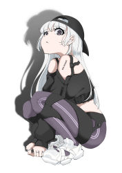 Rule 34 | 1girl, absurdres, backwards hat, baseball cap, black eyes, black hat, black shirt, clothing cutout, commentary, double vertical stripe, earrings, english commentary, english text, full body, grey pants, hat, highres, jewelry, light frown, long hair, long sleeves, looking at viewer, midriff, nishimoto yuri, original, pants, parted lips, print pants, ring, shadow, shirt, shoes, shoulder cutout, silver hair, simple background, sneakers, solo, squatting, white background, white footwear