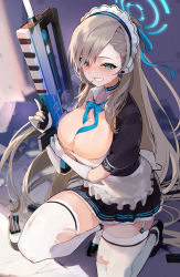 Rule 34 | 1girl, assault rifle, asuna (blue archive), asymmetrical bangs, blue archive, blush, breasts, bullpup, cleavage, detached collar, famas, gloves, grin, gun, hair between eyes, halo, highres, holding, holding gun, holding weapon, korean commentary, kuronuma s, large breasts, light brown hair, long hair, looking at viewer, magazine (weapon), maid, maid headdress, mole, mole on breast, neck ribbon, on one knee, ribbon, rifle, shadow, sidelocks, smile, solo, straight hair, sweatdrop, teeth, thighhighs, torn clothes, torn thighhighs, very long hair, weapon, white gloves, white thighhighs