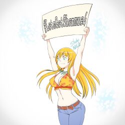 Rule 34 | 1girl, armpits, arms up, artist name, blonde hair, breasts, cleavage, denim, english text, green eyes, highres, jeans, joy (shenmue), large breasts, legs, long hair, midriff, navel, pants, sega, shenmue, smile, solo, tank top, thighs