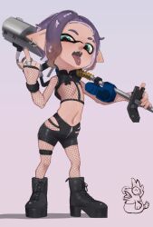Rule 34 | 1girl, ^ ^, aqua eyes, black footwear, black shorts, boots, brown hair, bulging eyes, closed eyes, cross-laced footwear, cross pasties, doka yuki (tsumorisugi), e-liter 4k (splatoon), earrings, fishnet pantyhose, fishnets, flat chest, gradient background, gradient hair, hand up, high collar, highres, hip vent, inkling, inkling girl, inkling player character, jewelry, lace-up boots, legs apart, looking at viewer, messy hair, middle finger, mohawk, multicolored hair, multiple earrings, navel, nintendo, open mouth, pantyhose, pasties, piercing, platform boots, platform footwear, pointy ears, purple hair, revealing clothes, ring, salmonid, shadow, short hair, shorts, single tooth, skindentation, smallfry (splatoon), solo, splatoon (series), standing, tape, tape on nipples, teeth, tentacle hair, thigh strap, tongue, tongue out, tongue piercing, two-tone hair, uneven eyes, upper teeth only, zipper, zipper pull tab