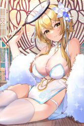 Rule 34 | 1girl, alternate costume, bare shoulders, blonde hair, blush, breasts, china dress, chinese clothes, cleavage, dress, feather boa, flower, genshin impact, hair flower, hair ornament, hand up, highres, holding, large breasts, leaning to the side, looking at viewer, lumine (genshin impact), nail polish, panties, panty straps, parted lips, pelvic curtain, see-through, short hair with long locks, sidelocks, sitting, smile, solo, thighhighs, thighs, underwear, white flower, white panties, white thighhighs, yellow eyes, yellow nails, yoshitoki (kisshin)