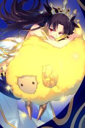 Rule 34 | 1girl, armlet, bare shoulders, black hair, black thighhighs, detached sleeves, dumuzid (fate), earrings, echo (circa), fate/grand order, fate (series), gold trim, hair ribbon, heavenly boat maanna, hoop earrings, ishtar (fate), jewelry, long hair, looking at viewer, neck ring, open mouth, parted bangs, red eyes, ribbon, sheep, single detached sleeve, single thighhigh, skirt, thighhighs, thighlet, tiara, two side up, weapon, white skirt