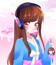 Rule 34 | 1girl, artist name, blush, breasts, brown eyes, brown hair, blowing bubbles, character doll, chewing gum, cityscape, cloud, commentary, d.va (overwatch), facepaint, facial mark, hanbok, headphones, holding, korean clothes, long hair, long sleeves, looking at viewer, matching hair/eyes, moshie, ornament, outdoors, overwatch, overwatch 1, pink sky, signature, sky, skyline, small breasts, solo, swept bangs, traditional clothes, upper body, whisker markings