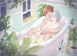 2girls bath bathroom bathtub candle closed_eyes closed_mouth commentary_request grey_hair gundam gundam_suisei_no_majo highres indoors leaf long_hair miorine_rembran multiple_girls night open_mouth partially_submerged plant potted_plant red_hair rubber_duck same-sex_bathing scar scar_on_arm shared_bathing short_hair smile suletta_mercury takehiko89 tile_floor tiles yuri