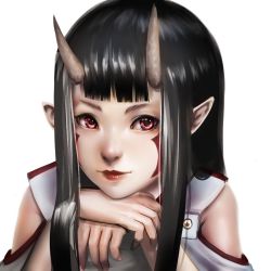 Rule 34 | 1girl, bad id, bad pixiv id, black hair, blunt bangs, closed mouth, eyelashes, facepaint, head rest, horns, kuro-hero, light smile, long hair, looking at viewer, looking to the side, oni, oni horns, original, own hands together, pointy ears, portrait, red eyes, red lips, simple background, solo, white background
