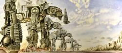 Rule 34 | at-at, bonbon20170916, cliff, cloud, colored pencil (medium), commentary request, dust, highres, no humans, spacecraft, star wars, star wars: the last jedi, traditional media