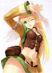 Rule 34 | absurdres, blonde hair, blue eyes, breasts, breasts apart, cleavage, cowboy shot, elf, elwing, hair between eyes, head tilt, head wings, highres, leaning to the side, midriff, miniskirt, navel, one eye closed, pencil skirt, pointy ears, sega, shining (series), shining tears, simple background, skirt, smile, solo, standing, thighs, tony taka, white background, wings, wink