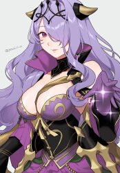 Rule 34 | 1girl, armor, bare shoulders, breast strap, breasts, camilla (alluring darkness) (fire emblem), camilla (fire emblem), cleavage, commentary request, crown, dress, fake horns, fire emblem, fire emblem fates, fire emblem heroes, frilled dress, frills, gloves, grey background, hair over one eye, highres, horned headwear, horns, large breasts, long hair, looking at viewer, nintendo, official alternate costume, parted lips, peach11 01, purple dress, purple eyes, purple gloves, purple hair, simple background, smile, solo, tiara, upper body, very long hair, wavy hair