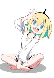 Rule 34 | :d, absurdres, amano pikamee, arm up, barefoot, black hairband, black shorts, blonde hair, bright pupils, collarbone, colored inner hair, commentary, green eyes, green hair, hairband, hand up, highres, indian style, leaning to the side, looking at viewer, multicolored hair, off-shoulder shirt, off shoulder, open mouth, sharp teeth, shirt, shorts, simple background, sitting, smile, teeth, toes, tsukinaga, upper teeth only, virtual youtuber, voms, waving, white background, white pupils, white shirt, wide sleeves