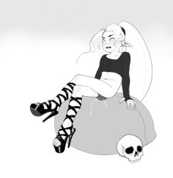Rule 34 | 1girl, belly, bottomless, crop top, dildo, eyebrows, gothetta gothetticus, gruftine, high heels, highres, long hair, maniacbox, open mouth, pointy ears, ponytail, pussy juice, school for vampires, sex toy, shoes, simple background, sitting, skull, solo, stomach, teeth, vampire
