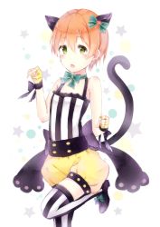 Rule 34 | 10s, 1girl, animal ears, bad id, bad pixiv id, blush, bow, cat ears, cat tail, fang, fingerless gloves, gloves, green eyes, hair bow, highres, hoshizora rin, love live!, love live! school idol festival, love live! school idol project, orange hair, paw pose, puffy shorts, shirt, short hair, shorts, smile, solo, striped clothes, striped shirt, striped thighhighs, tail, thighhighs, utsumi sae, vertical-striped clothes, vertical-striped shirt, vertical-striped thighhighs, yellow eyes