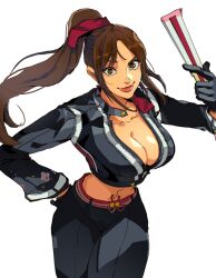 1girl absurdres black_gloves black_jacket black_pants breasts brown_eyes brown_hair cleavage closed_mouth collarbone commentary cowboy_shot cropped_jacket fatal_fury fatal_fury:_city_of_the_wolves floral_print gloves hand_fan hand_on_own_hip high_ponytail highres holding holding_fan isaacchief300 jacket large_breasts leather leather_jacket lips long_hair looking_at_viewer midriff navel pants parted_bangs partially_unzipped ponytail print_jacket red_lips shiranui_mai solo street_fighter street_fighter_6 white_background