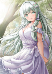 Rule 34 | 1girl, :d, akino irori, alternate costume, bare shoulders, bloom, blush, breasts, cleavage, cowboy shot, day, dress, green eyes, green hair, highres, kochiya sanae, large breasts, long hair, looking at viewer, open mouth, outdoors, overexposure, petticoat, smile, solo, swept bangs, touhou, tree, very long hair, white dress