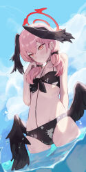 Rule 34 | 1girl, absurdres, bikini, black bikini, black wings, blue archive, blush, emollllno, feathered wings, flat chest, floral print, halo, head wings, highres, koharu (blue archive), koharu (swimsuit) (blue archive), navel, official alternate costume, petite, pink eyes, pink hair, red halo, solo, stomach, swimsuit, twintails, wading, wings