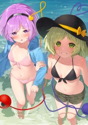 Rule 34 | 2girls, alternate costume, arm grab, bare shoulders, barefoot, beach, bikini, black bikini, black hairband, black headwear, black ribbon, blue hoodie, blush, bow, breasts, buttons, closed mouth, collarbone, eyes visible through hair, fingernails, flat chest, from above, grabbing, green eyes, green hair, green shorts, groin, hair between eyes, hairband, hand up, hat, hat bow, heart, heart of string, highres, hood, hoodie, jacket, kanpa (campagne 9), komeiji koishi, komeiji satori, lips, long fingernails, long sleeves, looking at viewer, looking up, medium breasts, multiple girls, nail polish, navel, ocean, open clothes, open hoodie, open mouth, outdoors, panties, panty peek, parted lips, partially submerged, pink bikini, pink bow, pink nails, pink ribbon, puffy long sleeves, puffy sleeves, purple eyes, purple hair, ribbon, sand, shaded face, shadow, short shorts, shorts, siblings, sisters, small breasts, smile, sparkle, standing, stomach, string bikini, swimsuit, teeth, thighs, third eye, tongue, touhou, underwear, walking, water, yellow bow