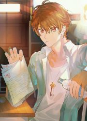 Rule 34 | 1boy, antenna hair, blush, bottle, brown eyes, brown hair, candy, chinese commentary, collarbone, collared shirt, commentary request, crossed bangs, crosshair pupils, desk, elbow on table, food, food in mouth, hair between eyes, hands up, highres, holding, holding bottle, holding paper, indoors, jewelry, key, key necklace, laoyepo, lollipop, looking at viewer, luke pearce (tears of themis), male focus, necklace, open clothes, open shirt, paper, school desk, shirt, short hair, sidelocks, solo focus, tears of themis, academic test, test score, water bottle, white shirt