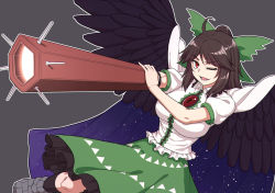 Rule 34 | 1girl, ahoge, arm cannon, bird wings, black background, black hair, black wings, bow, breasts, cape, center frills, frilled skirt, frills, green bow, green skirt, hair bow, kakone, large breasts, one eye closed, open mouth, ponytail, red eyes, reiuji utsuho, shirt, short sleeves, simple background, skirt, smile, solo, starry sky print, third eye, touhou, weapon, white cape, white shirt, wings