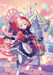 Rule 34 | 1other, 2girls, animal, apron, armor, balloon, black gloves, blonde hair, blue bow, blue skirt, blush, bow, bowtie, buttons, card, castle, cloak, cloud, commentary request, corset, day, ferris wheel, frilled skirt, frills, gloves, hair between eyes, hands up, holding, holding balloon, holding instrument, hood, instrument, leg up, little red riding hood, little red riding hood (grimm), looking at viewer, multiple girls, open mouth, outdoors, pink sky, playing card, red cloak, reflection, ribbon, roller coaster, shirt, short hair, skirt, sky, solo focus, standing, standing on one leg, thighhighs, tobi (kotetsu), trumpet, water, white apron, white legwear, white ribbon, white shirt, wolf