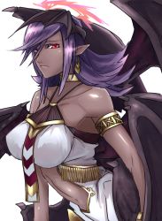 Rule 34 | 1girl, armlet, bare shoulders, bracelet, breasts, choker, covered erect nipples, darklord ixchel, demon girl, demon wings, dress, duel monster, earrings, fang, full body, gluteal fold, halo, head wings, highres, hirome99, jewelry, long hair, looking at viewer, multicolored clothes, multicolored dress, multiple wings, navel, open mouth, pointy ears, purple eyes, purple hair, shoes, short dress, smile, solo, stomach, thighhighs, torn clothes, torn thighhighs, white background, white thighhighs, wings, yellow footwear, yu-gi-oh!