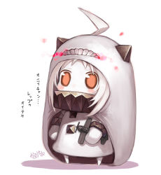 Rule 34 | 1girl, abyssal ship, ahoge, aircraft, airplane, blush stickers, capriccio, chibi, cloak, colored skin, commentary request, covered mouth, himouto! umaru-chan, hood, hooded cloak, horns, kantai collection, mittens, northern ocean princess, parody, red eyes, shadow, solo, translation request, white background, white hair, white skin