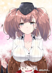 Rule 34 | 2girls, anger vein, atlanta (kancolle), black headwear, blue eyes, breast envy, breast rest, breasts, breasts on head, brown hair, dress shirt, earrings, garrison cap, grey eyes, hat, jewelry, kantai collection, large breasts, long hair, mikage takashi, multiple girls, open mouth, ryuujou (kancolle), shirt, signature, star (symbol), star earrings, twintails, twitter username, two side up, visor cap, white shirt
