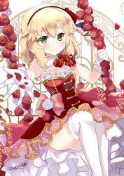 Rule 34 | 1girl, bare shoulders, blonde hair, blush, bow, closed mouth, commentary request, flower, gloves, green eyes, hair between eyes, highres, idolmaster, idolmaster cinderella girls, idolmaster cinderella girls starlight stage, jewelry, long hair, lunacats, necklace, outstretched arm, pearl necklace, petals, pink bow, pink skirt, red flower, red rose, red shirt, rose, rose petals, sakurai momoka, shirt, sitting, skirt, smile, solo, thighhighs, twitter username, white flower, white gloves, white rose, white thighhighs