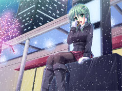 Rule 34 | 1girl, bad id, bad pixiv id, black pantyhose, boots, building, city, doughnut, eating, female focus, food, frog hair ornament, from below, green eyes, green hair, hair ornament, hair tubes, highres, kochiya sanae, matching hair/eyes, mittens, open mouth, outdoors, pantyhose, runa7, skirt, snake hair ornament, snow, solo, touhou