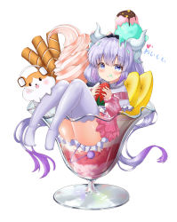 Rule 34 | 1girl, absurdres, blue eyes, blush, capelet, crepe, dragon girl, dragon horns, dress, eating, food, food on face, frills, gradient hair, hair ornament, hairband, highres, holding, horns, kanna kamui, knees up, kobayashi-san chi no maidragon, light purple hair, long hair, looking at viewer, multicolored hair, purple hair, simple background, sitting, solo, ssong2, tail, thick thighs, thighhighs, thighs, twintails, very long hair, white background, white thighhighs, zettai ryouiki