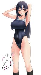 Rule 34 | 1girl, absurdres, arm behind head, armpits, arms up, black hair, black one-piece swimsuit, black socks, blush, boku no kokoro no yabai yatsu, breasts, bright pupils, brown eyes, closed mouth, commission, competition swimsuit, covered navel, dated, feet out of frame, gluteal fold, groin, highleg, highleg swimsuit, highres, kneehighs, large breasts, long hair, looking at viewer, mole, mole on neck, one-piece swimsuit, pixiv commission, signature, simple background, smile, socks, solo, split mouth, standing, swimsuit, taut clothes, taut swimsuit, very long hair, white background, white pupils, yamada anna, yoo tenchi