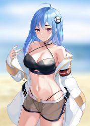 Rule 34 | 1girl, absurdres, ahoge, alternate costume, armband, azur lane, bare shoulders, bikini, black bikini, blue hair, blue sky, blurry, blurry background, blush, breasts, brown shorts, chinese commentary, cleavage, closed mouth, cloud, coat, collarbone, commentary, cowboy shot, day, groin, hair between eyes, hair ornament, halterneck, hand up, helena (azur lane), highleg, highleg bikini, highres, long hair, looking at viewer, medium breasts, midriff, military coat, navel, off shoulder, open clothes, open coat, purple eyes, shorts, sidelocks, sky, solo, standing, sweat, swimsuit, thighs, white coat, wutong mingye