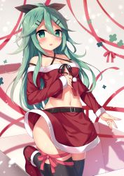 Rule 34 | 1girl, alternate costume, belt, black ribbon, black thighhighs, blush, box, breasts, christmas, commentary request, dress, ezoshika, gift, gift box, green eyes, green hair, hair between eyes, hair flaps, hair ornament, hair ribbon, hairclip, highres, kantai collection, long hair, looking at viewer, midriff, navel, no panties, open mouth, parted bangs, ponytail, red dress, ribbon, santa costume, shoes, skirt, small breasts, solo, standing, standing on one leg, tearing up, tears, thighhighs, yamakaze (kancolle)