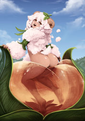 Rule 34 | 1girl, :d, animal ears, artist name, ass, barbariank, barometz, blue sky, bottomless, cloud, dark-skinned female, dark skin, day, drill hair, fur, goat eyes, highres, horns, looking at viewer, looking back, md5 mismatch, monster girl, monster girl encyclopedia, monster girl encyclopedia ii, open mouth, plant girl, resized, sheep horns, signature, sky, smile, solo, tail, white hair, yellow eyes