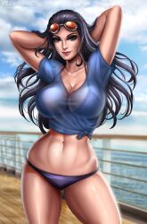 Rule 34 | 1girl, abs, black hair, blue eyes, blue tank top, bra, bra visible through clothes, breasts, cleavage, day, female focus, flowerxl, large breasts, looking at viewer, nico robin, ocean, one piece, panties, purple panties, see-through, ship, solo, sunglasses, sunglasses on head, tank top, thighhighs, underwear, watercraft