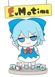 Rule 34 | 1girl, blouse, blue bow, blue dress, blue eyes, blue footwear, blue hair, bow, bowtie, character doll, character name, cirno, collared shirt, cube, doll, dress, english text, flat chest, fumo (doll), highres, ice, ice wings, long dress, looking at viewer, neck ribbon, pinafore dress, poppy playtime, puffy short sleeves, puffy sleeves, red bow, red bowtie, rei (tonbo0430), ribbon, shirt, short dress, short hair, short sleeves, simple background, sleeveless dress, smile, solo, touhou, v-shaped eyebrows, white background, white shirt, wings