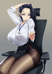 Rule 34 | 1girl, arm up, black hair, black nails, black pantyhose, black skirt, blueorca, breasts, chair, clothes lift, collared shirt, eyelashes, grey background, hand on own head, highres, huge breasts, lanyard, lifting own clothes, looking at viewer, mole, mole under eye, nail polish, office chair, office lady, original, panties, panties under pantyhose, pantyhose, purple eyes, shirt, shirt tucked in, simple background, sitting, skirt, skirt lift, solo, swivel chair, thighband pantyhose, thighs, underwear, white shirt
