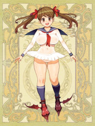 Rule 34 | 1girl, breasts, brown hair, cameltoe, character request, covered erect nipples, covered navel, floating hair, full body, hair ribbon, large breasts, long hair, long sleeves, looking at viewer, neckerchief, official art, open mouth, psychic hearts, ribbon, ryoji (nomura ryouji), school uniform, see-through, serafuku, socks, solo, twintails, wet