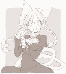 Rule 34 | 1girl, animal ears, bow, braid, breasts, cat ears, cat tail, claws, cleavage cutout, clothing cutout, dress, fang, greyscale, hair between eyes, hair bow, hand up, juliet sleeves, kaenbyou rin, long hair, long sleeves, looking at viewer, monochrome, open mouth, pointy ears, puffy sleeves, satou kibi, smile, solo, tail, touhou, twin braids