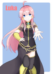 Rule 34 | 1girl, ahoge, armband, belt, black shirt, black thighhighs, blue background, blue eyes, boots, breasts, character name, commentary, contrapposto, cross-laced footwear, detached sleeves, foreshortening, gold footwear, gold trim, hand on own hip, headphones, highres, knee boots, knees together feet apart, lace-up boots, long hair, long skirt, looking at viewer, matsuhisa (ryo-tsuda1), medium breasts, megurine luka, outstretched arm, pink hair, reaching, reaching towards viewer, shirt, short sleeves, shoulder tattoo, side slit, simple background, single detached sleeve, skirt, smile, solo, standing, tattoo, thighhighs, vocaloid, yellow sleeves, zettai ryouiki