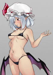 Rule 34 | 1girl, bat wings, breasts, contrapposto, cowboy shot, eyes visible through hair, grey background, hand on own hip, hand up, hat, highres, looking to the side, low wings, medium hair, mob cap, navel, ohkey now, red eyes, remilia scarlet, silver hair, simple background, small breasts, solo, tan, touhou, wings